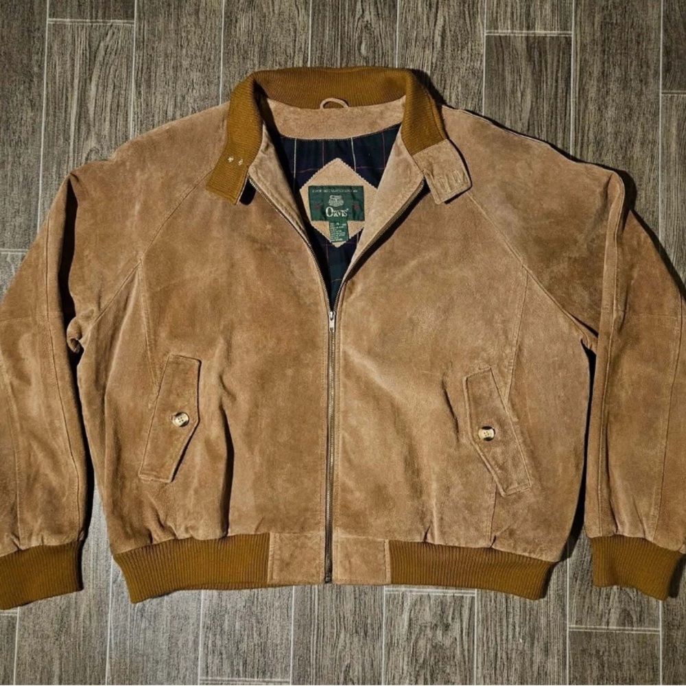 Orvis Genuine Leather Bomber Jacket Full Zip Plaid Lined Barn Chore Mens XL